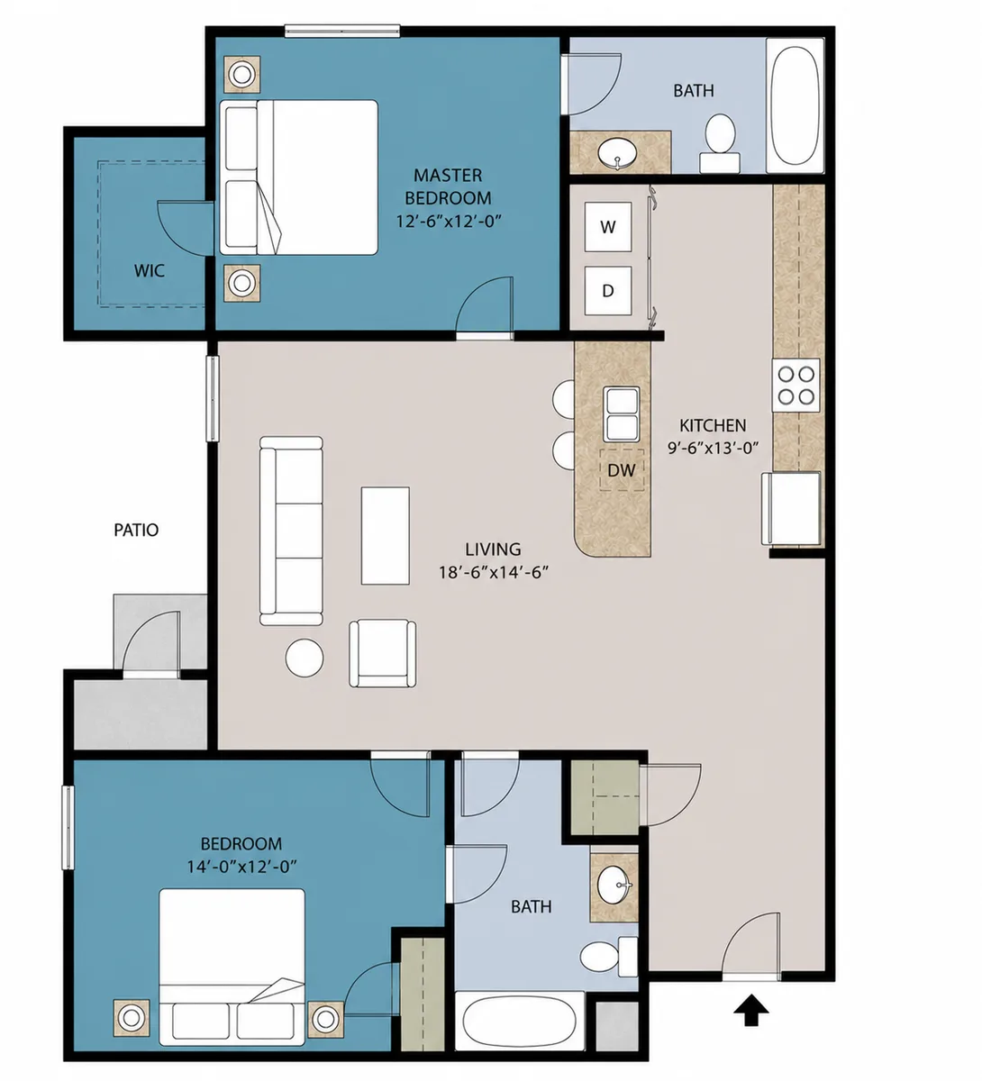 Floor plan of the classic 960 square foot 2 bedroom 2 bathroom apartment at Patriots Way At The Beach in Myrtle Beach SC