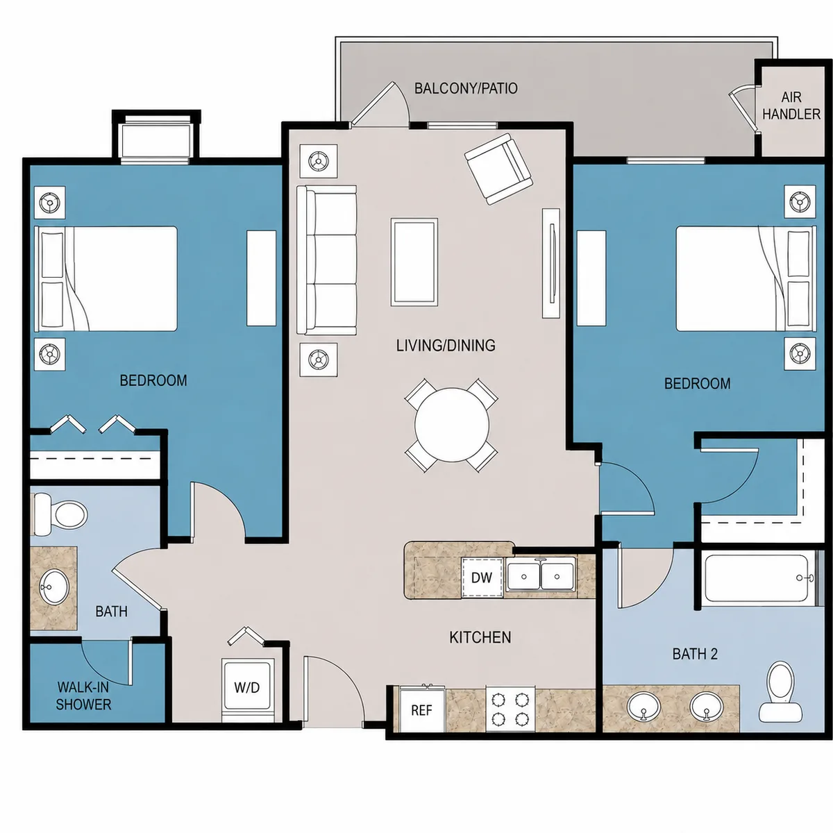 Floor plan of the new 1,040 square foot 2 bedroom 2 bathroom apartment at Patriots Way At The Beach in Myrtle Beach SC